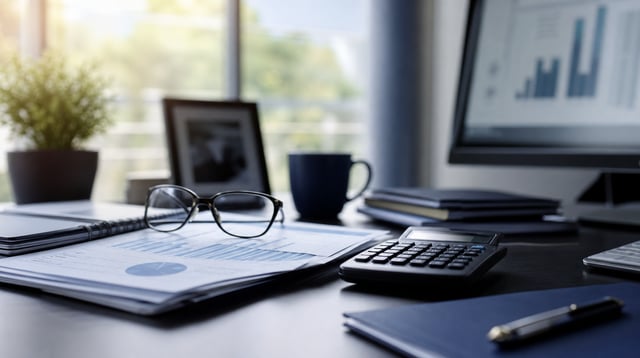 Advisor desk with retirement plan documents, calculator, and reading glasses in morning light