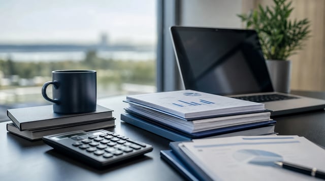 Desk with plan documents, a calculator, and a laptop in a consulting office