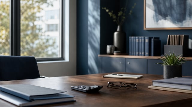 Desk with retirement planning folders and calculator in soft morning light