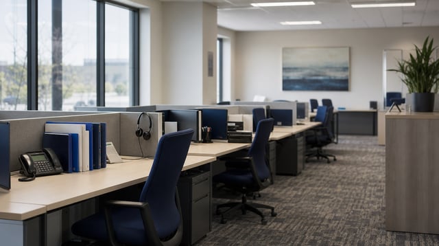 Insurance office workspace with desks, headsets, and folders in natural light