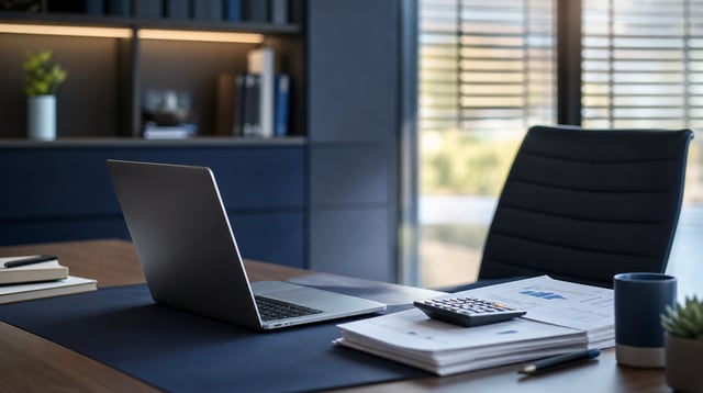 Modern lending office desk with laptop and financial documents in soft daylight
