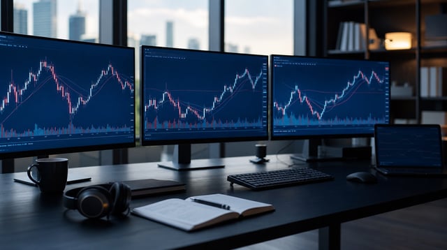 Trading desk with multiple monitors showing abstract market charts in blue light