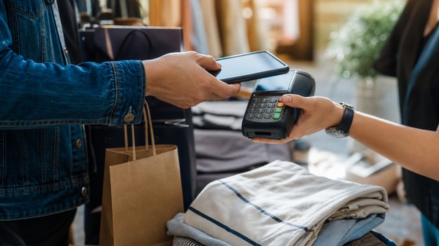 A customer paying by phone at a boutique checkout counter