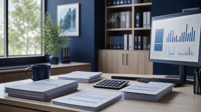 Quiet payroll office desk with forms, calculator, and monitor in soft daylight