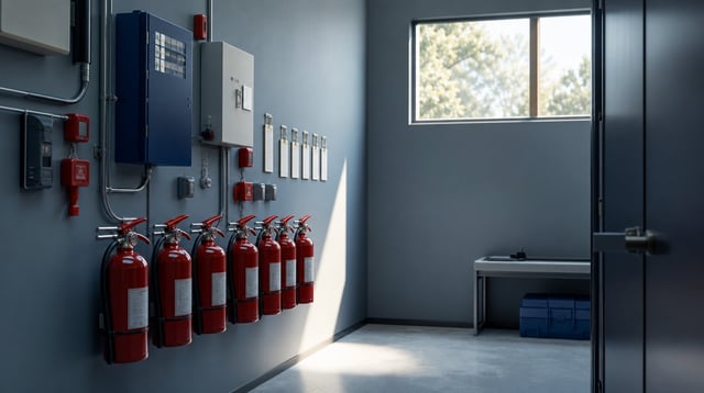 Fire safety equipment room with extinguishers and alarm panels