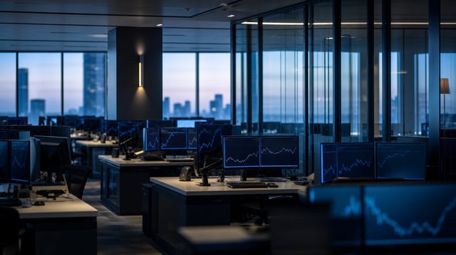 Quiet trading office with rows of dark monitors and glass partitions