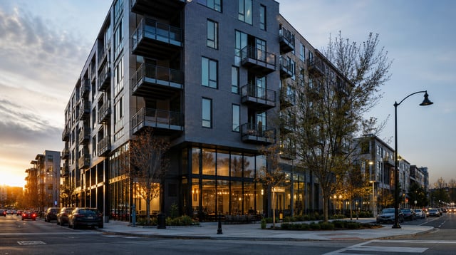 A downtown mixed-use building at dusk
