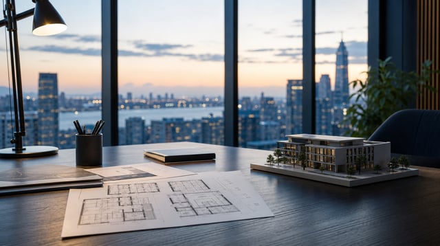 Desk with property floor plans and a building model near a window with a skyline