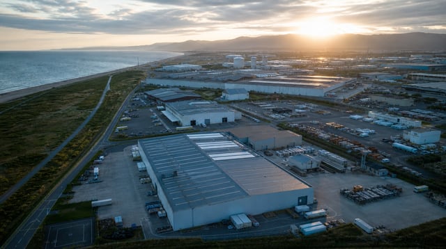 A coastal industrial park and warehouses from above