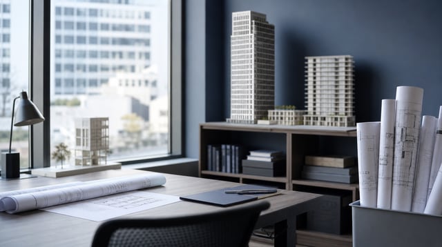 Commercial real estate office desk with building models and drawings