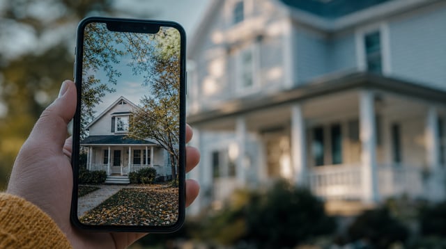 A smartphone showing a home photo held in front of a house