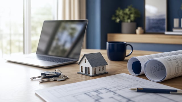 Desk with house keys, floor plans, and a laptop in a real estate technology office