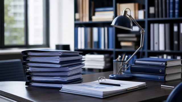 Accounting workspace with tax folders and ledger binders