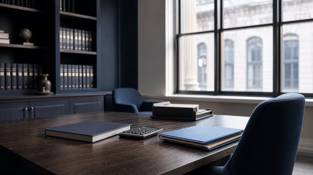 Quiet accounting office desk with ledger, calculator, and folders in soft daylight