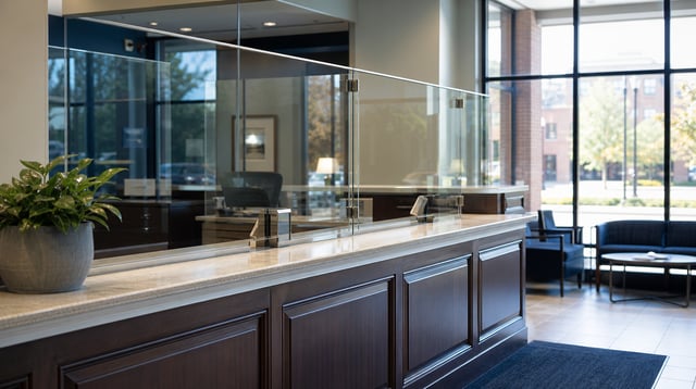 Community bank branch interior with a teller counter and soft daylight