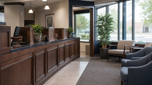Quiet community bank branch interior with wooden teller counter and empty seating in daylight