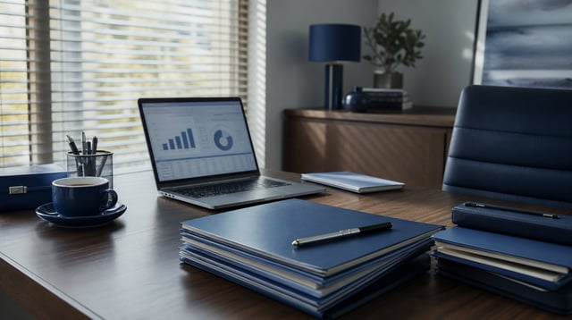 Desk in an insurance agency office with policy folders and a laptop in soft light