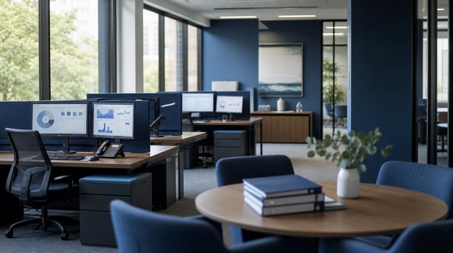 Insurance agency office with monitors and coverage binders in natural light