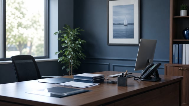 Small insurance office desk with policy folders and computer in daylight