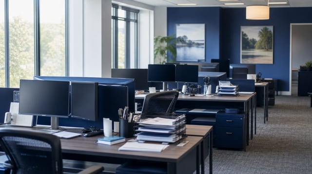 Insurance agency office with rows of desks, monitors, and files in daylight