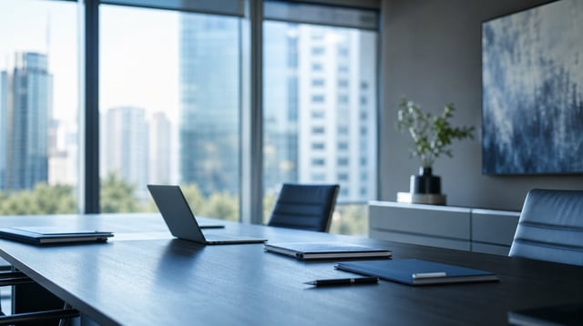 Conference table with insurance documents and a laptop in a modern brokerage office with natural light