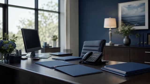 Regional insurance office desk with policy folders and computer