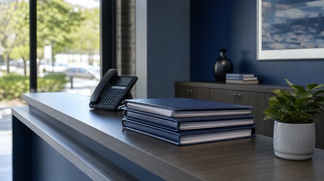 Insurance agency front desk with policy binders and phone in daylight