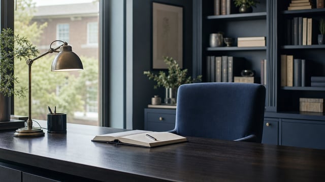 Advisor desk with an open notebook and bookshelves in soft natural light