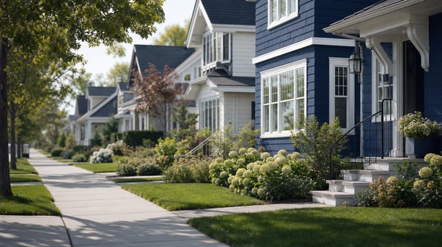 Sunlit suburban residential street with single family homes