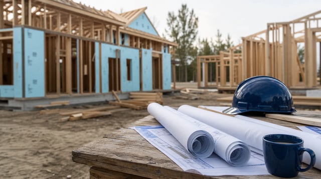 Residential construction site with blueprints and framing under soft natural light