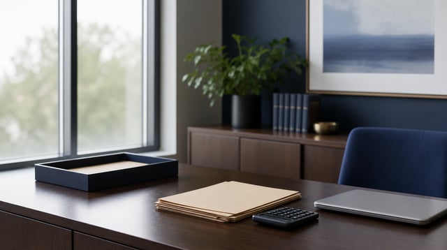 Tidy financial office desk with folders, calculator, and laptop