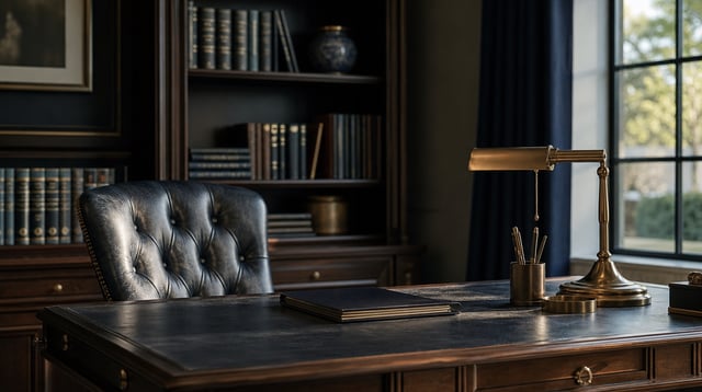 Private study with dark wood shelves, leather chair, and a desk lamp in soft light