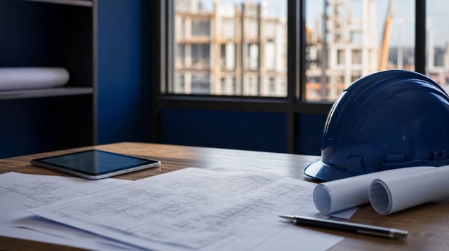 Construction site office desk with blueprints, a tablet, and a hard hat in daylight