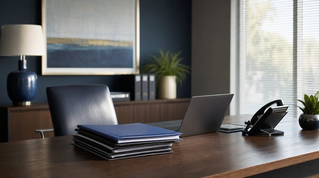 Desk with policy folders and a laptop in a quiet independent insurance agency office