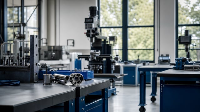 Industrial workshop with metal parts and workbenches in natural light