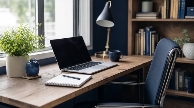 Bright desk with laptop, notebook, and plant beside a window