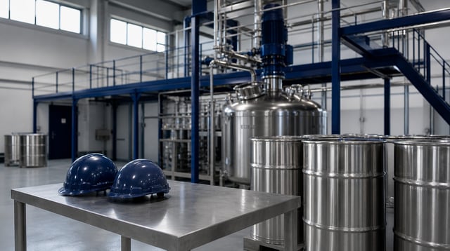 Stainless steel drums and equipment inside a chemical manufacturing facility
