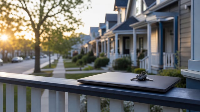 Suburban homes at golden hour with house keys and a laptop on a porch railing