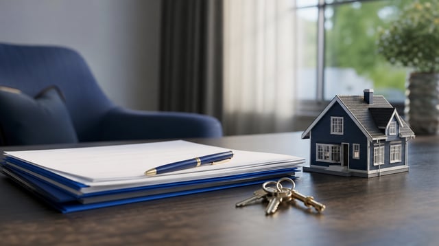 Closing table with property documents, keys and a model house