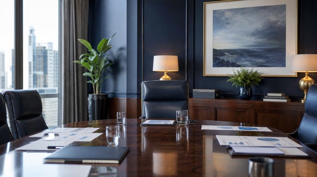 Advisory conference room with leather chairs and printed financial charts in navy tones