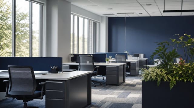 Modern insurance office interior with empty desks in daylight