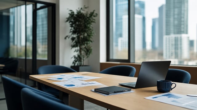 Modern venture capital office with glass conference room and city view