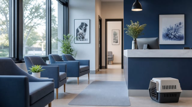 Reception area of a modern veterinary clinic with blue chairs and natural light