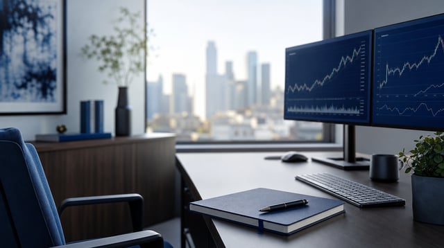 Small advisory firm office with dual monitors showing financial charts