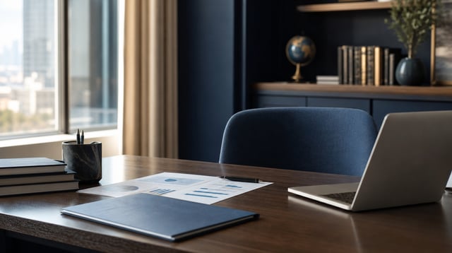 Quiet wealth advisory office with desk, documents, and laptop in blue tones