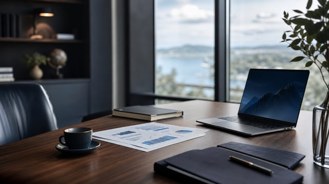 Modern wealth advisory office with financial documents and soft light