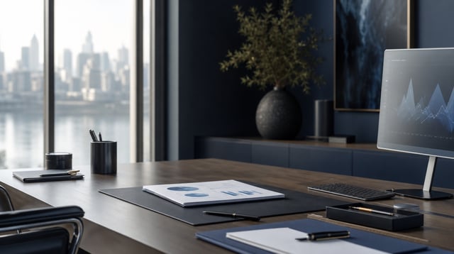 Wealth management office with financial reports and soft light