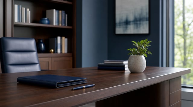 Executive wealth management office desk with leather portfolio and bookshelves