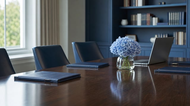 Conference table in a wealth management office with portfolios and bookshelves