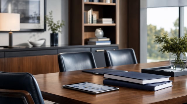 Advisory office conference table with financial planning documents